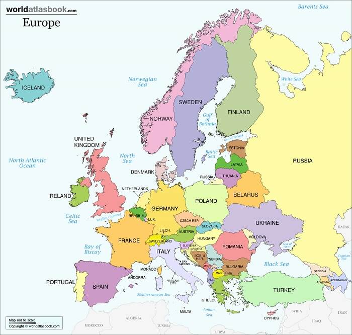 Bản đồ các quốc gia Châu Âu tên tiếng Anh 