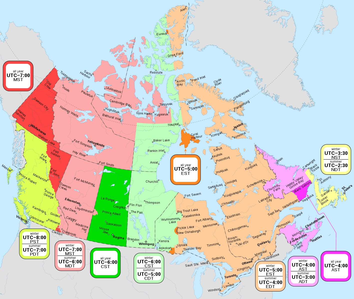 Bản đồ đất nước Canada thể hiện múi giờ theo từng khu vực
