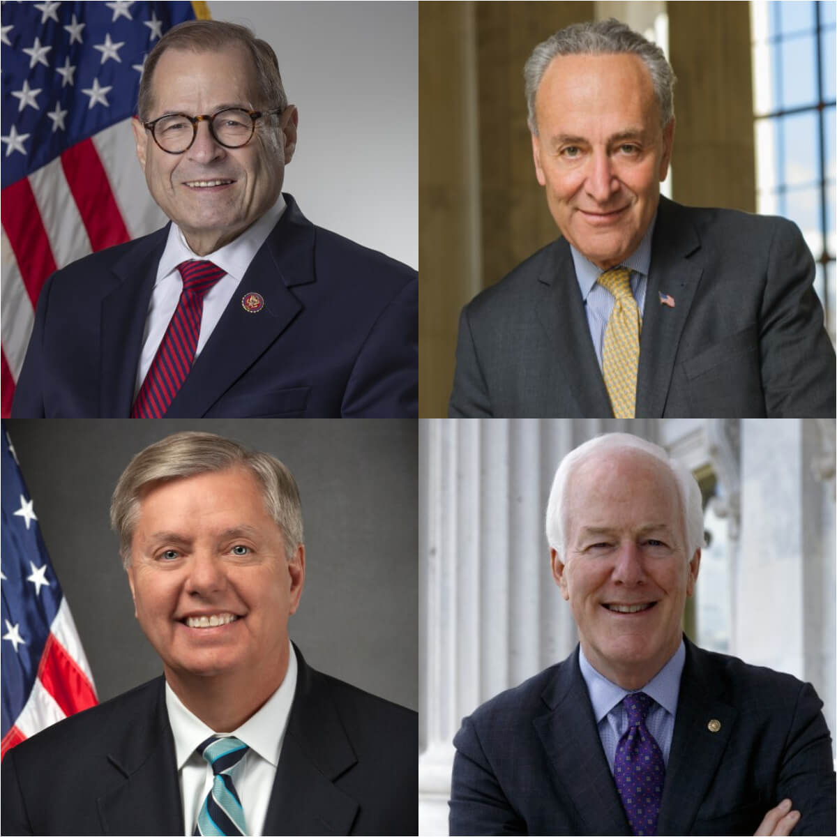 Từ trái, theo chiều kim đồng hồ: Chủ tịch Ủy ban Tư pháp Hạ viện Jerrold Nadler (D-NY), Lãnh đạo Đa số Thượng viện Chuck Schumer (D-NY), Thượng nghị sĩ John Cornyn (R-TX) và Thượng nghị sĩ Lindsey Graham (RS.C.)