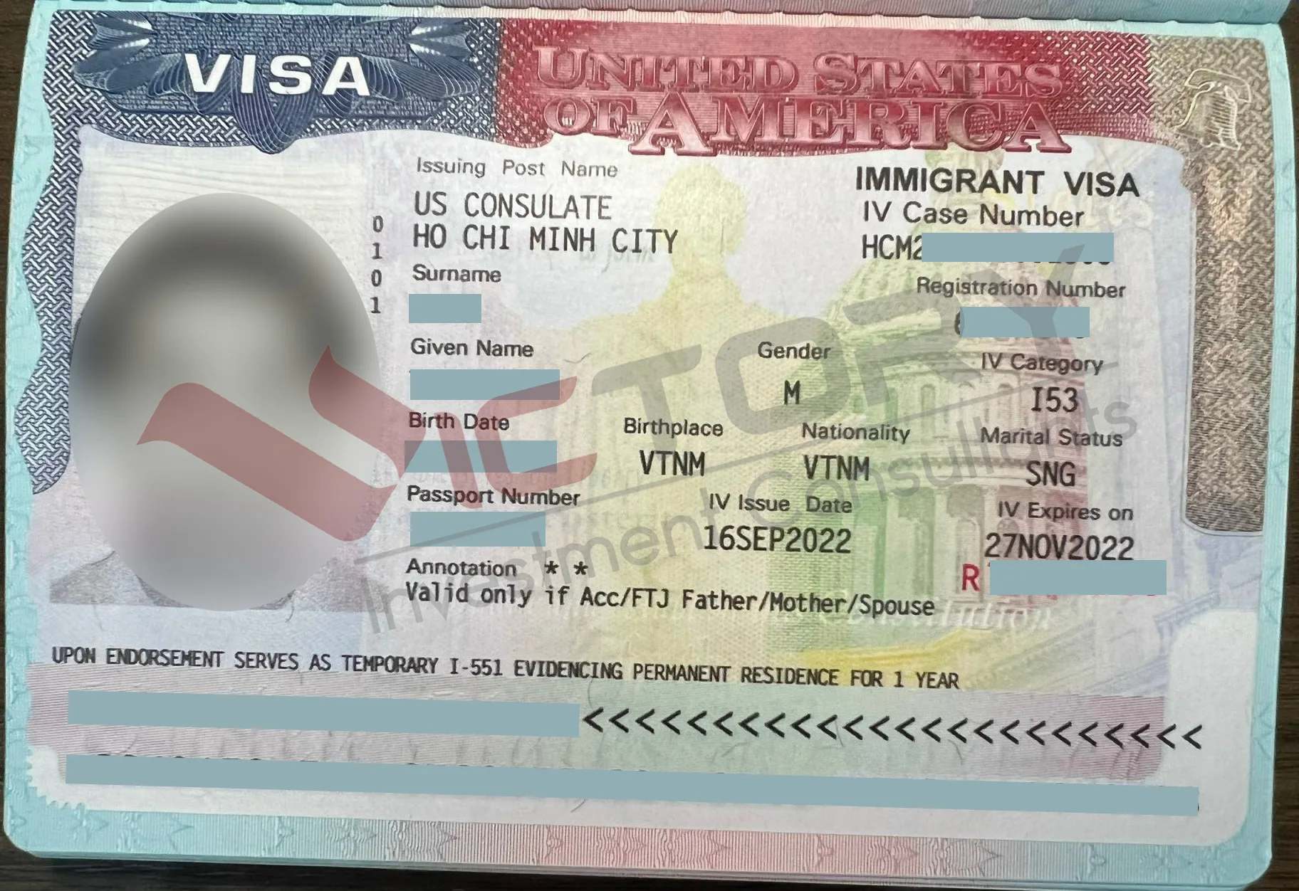 Immigrant Visa Mỹ diện EB-5 của khách hàng VICTORY, do Lãnh sự quán Hoa Kỳ tại TP.HCM cấp ngày 16/9/2022 và hết hạn ngày 27/11/2022