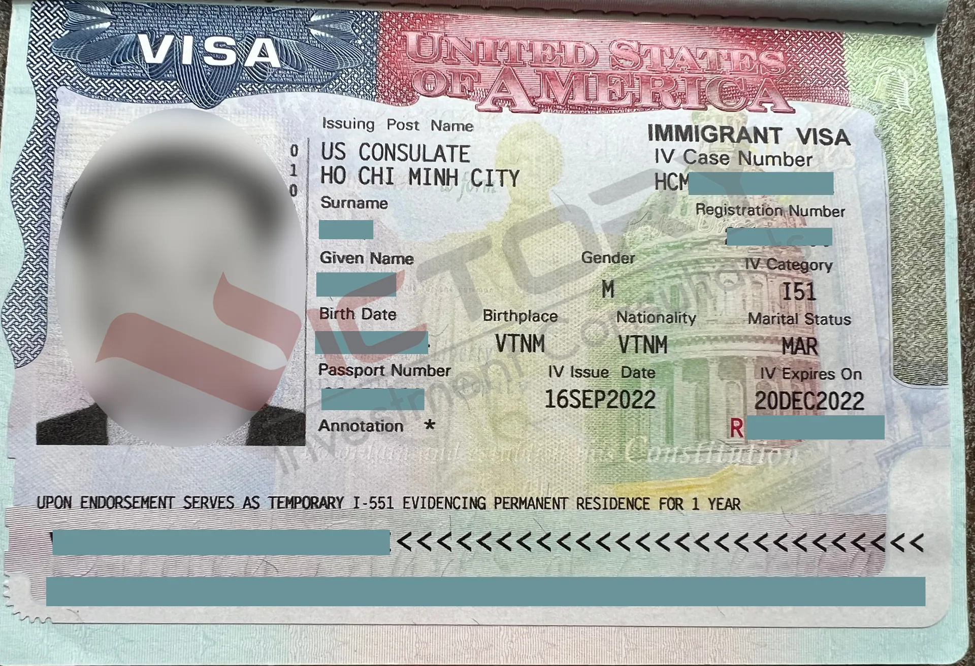 Immigrant Visa Mỹ diện EB-5 của khách hàng VICTORY, do Lãnh sự quán Hoa Kỳ tại TP.HCM cấp ngày 16/9/2022 và hết hạn ngày 20/12/2022