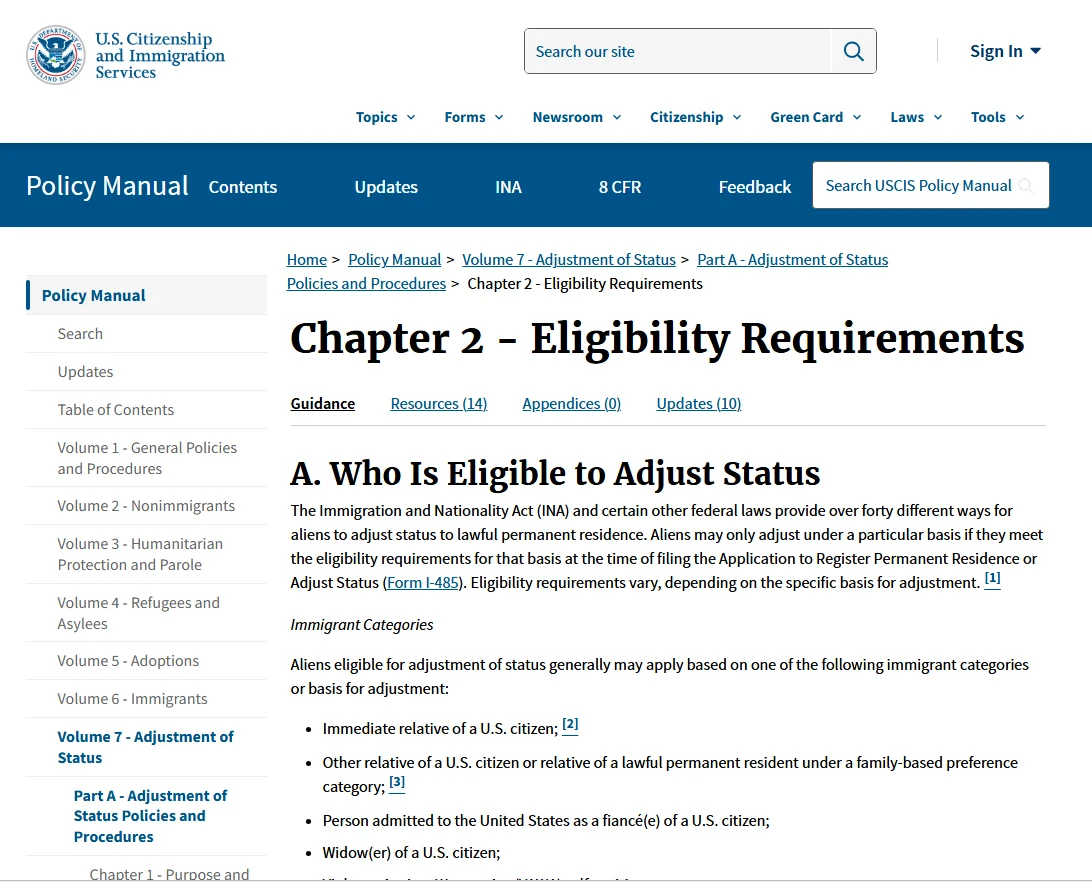 USCIS Policy Manual, Volume 7, Part A Adjustment of Status Eligibility Requirements
